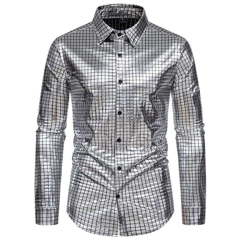 Plaid Bronzing Printed Stage Costume European Size Men's Long-sleeved Shirt
