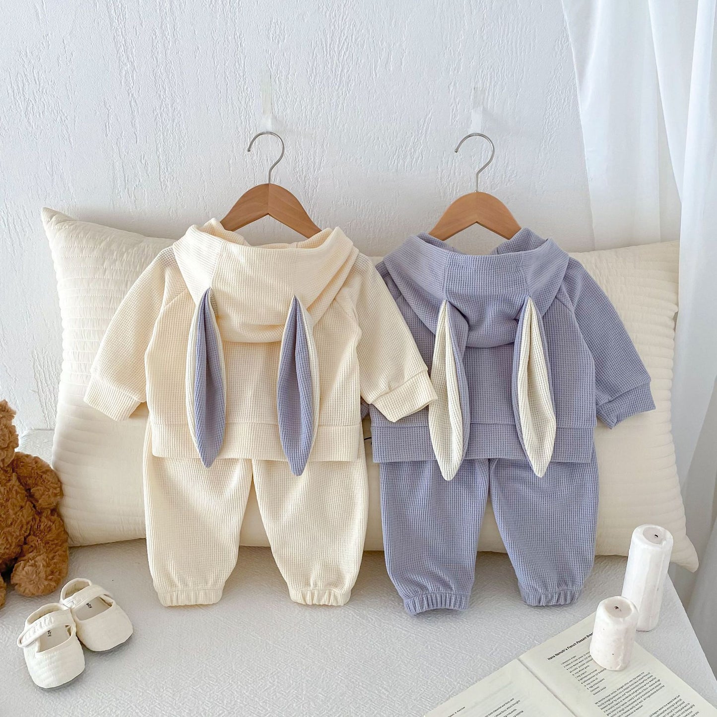Girls' Rabbit Ears Hooded Coat Trousers Two-piece Set
