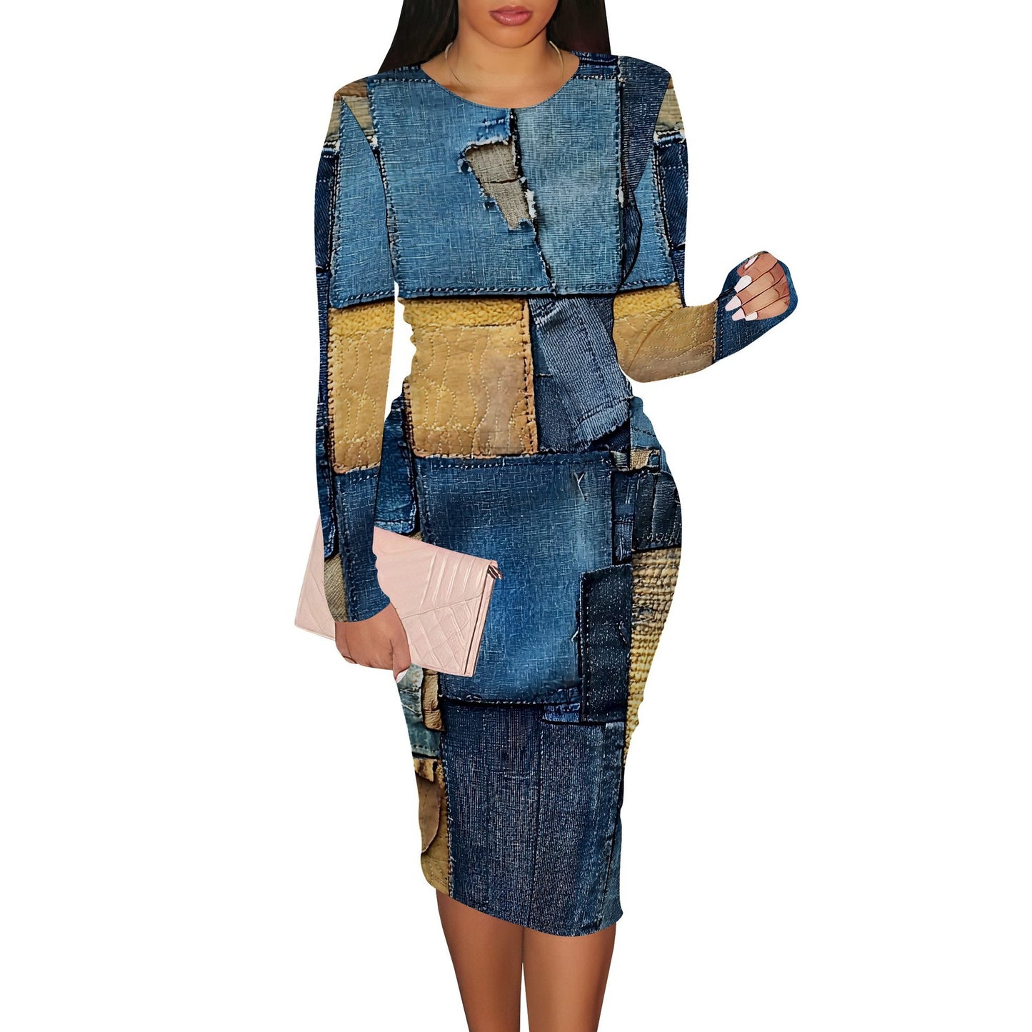 Women's Casual Printed Long-sleeve Round-collar Dress