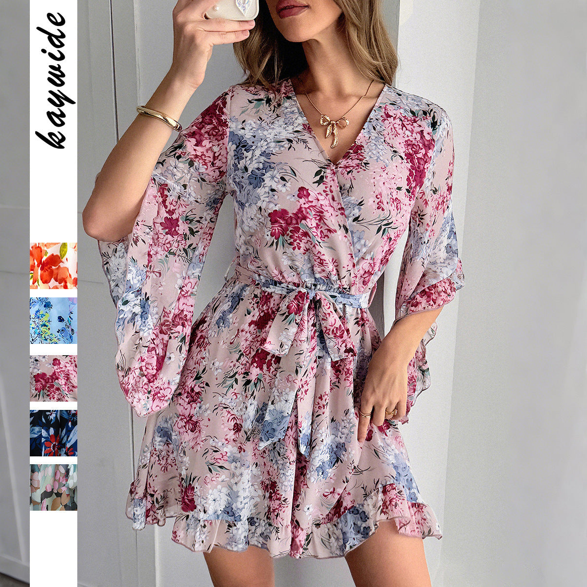 European And American Leisure Simple Style Floral Lace-up Skirt Dress