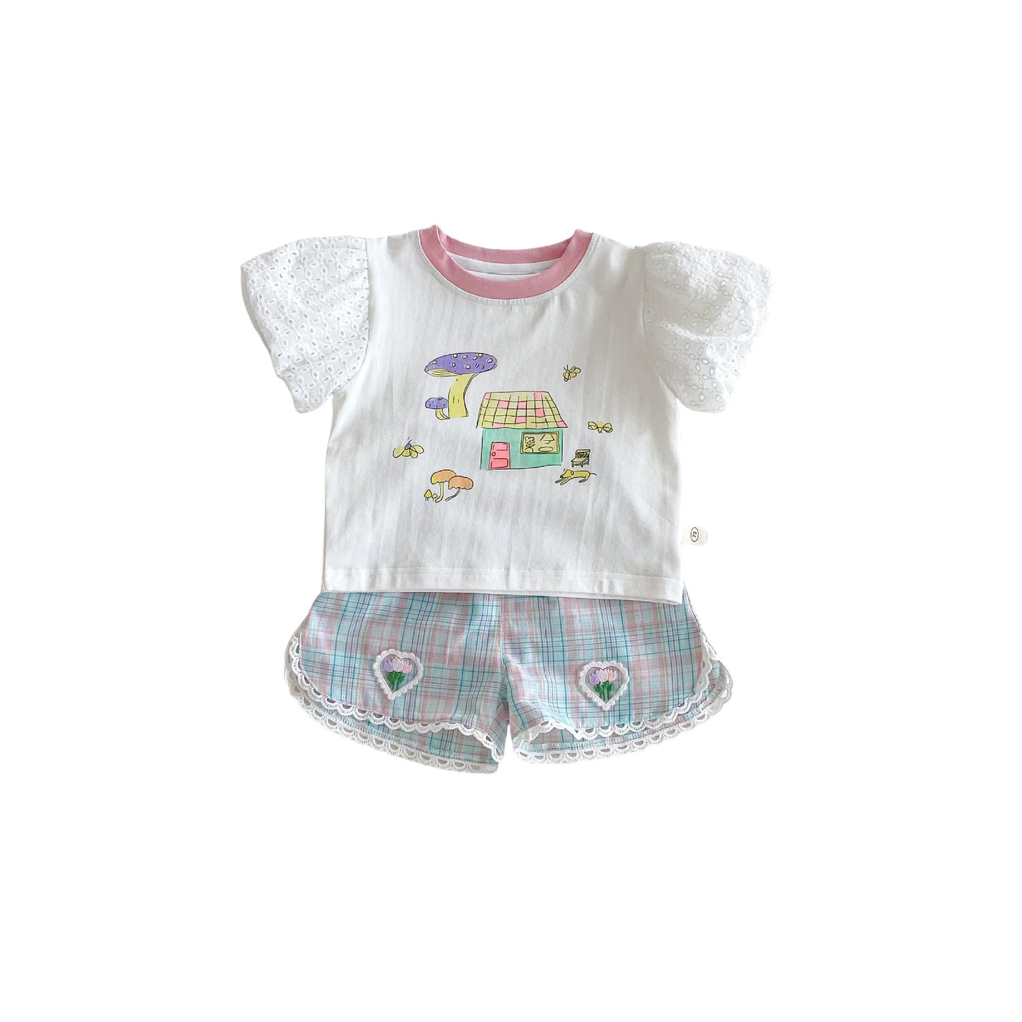 Girls' Bubble Sleeve T-shirt Cartoon Doll Shirt Embroidered Plaid Shorts