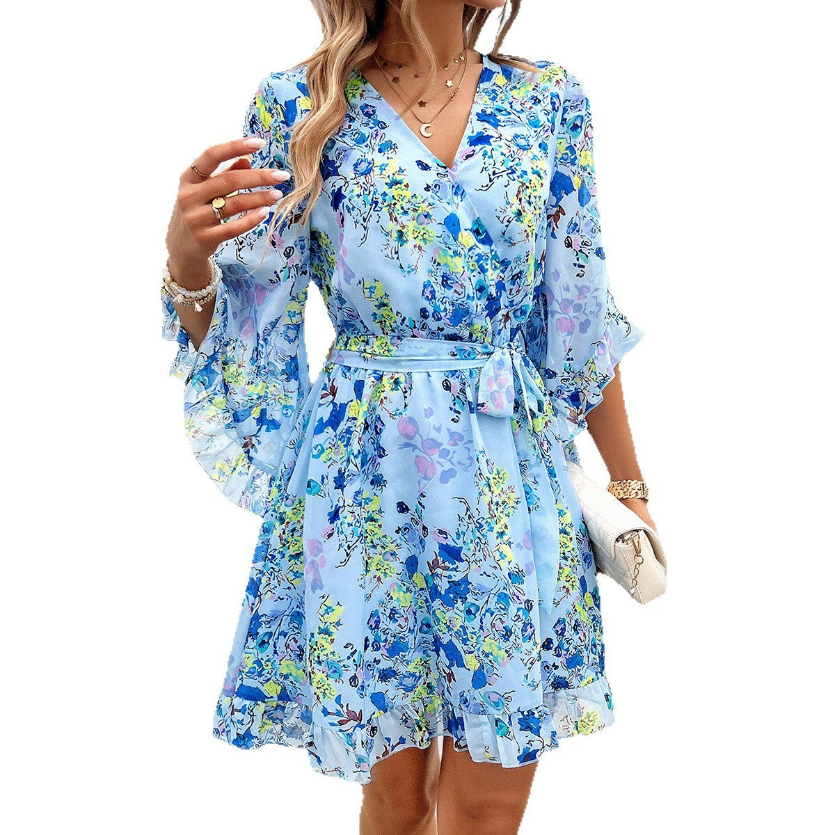 European And American Leisure Simple Style Floral Lace-up Skirt Dress
