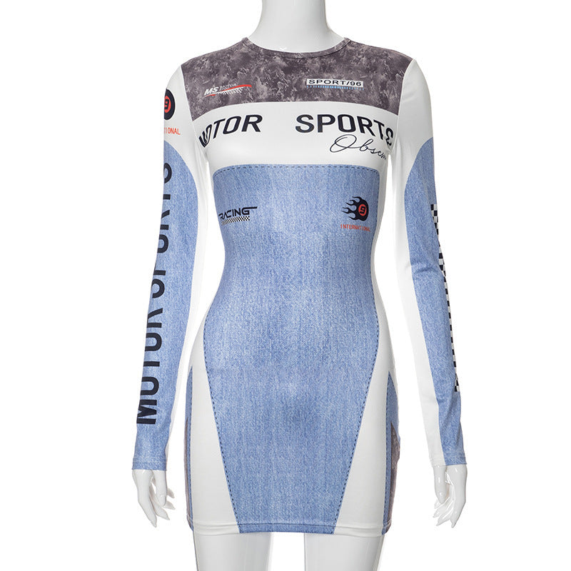 New Fashion Casual Sports Motorcycle Printed Long Sleeve Round Neck Short Dress