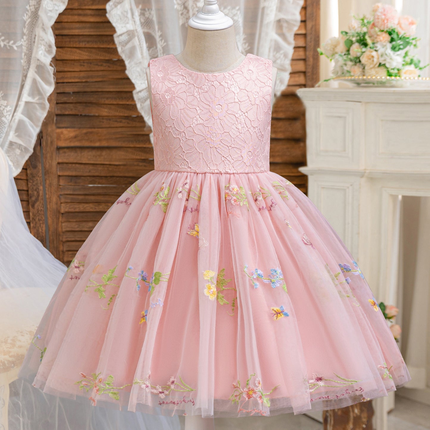 Summer Girls' Korean-style Flower Embroidered Mesh Puffy Birthday Dress