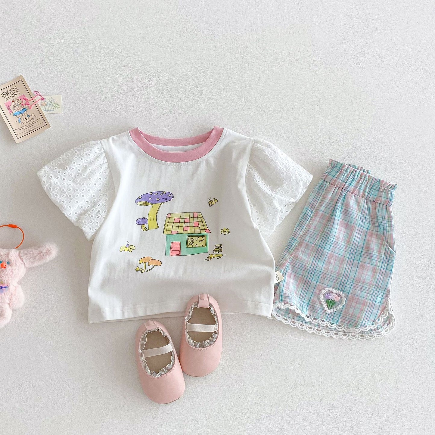 Girls' Bubble Sleeve T-shirt Cartoon Doll Shirt Embroidered Plaid Shorts