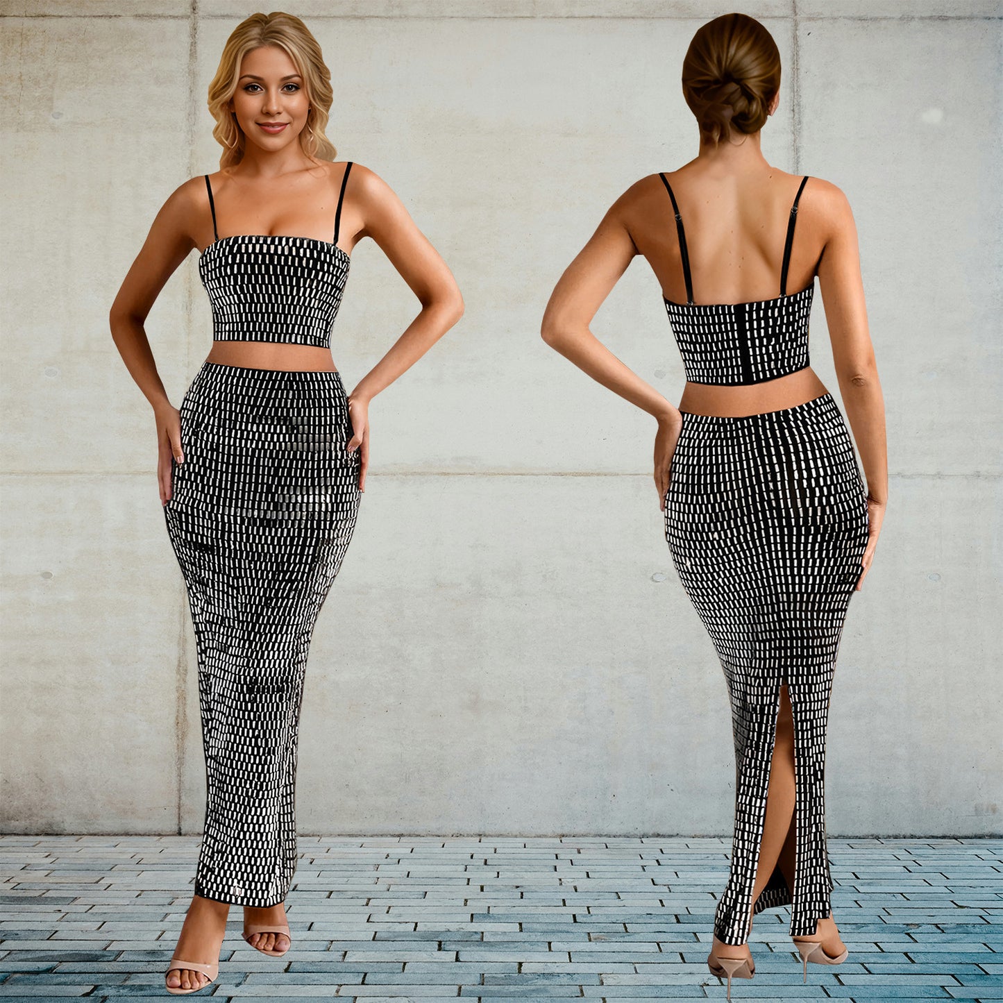 Fashion Women's Wear Rhinestone Sleeveless Sexy Suspenders Long Dress Suit
