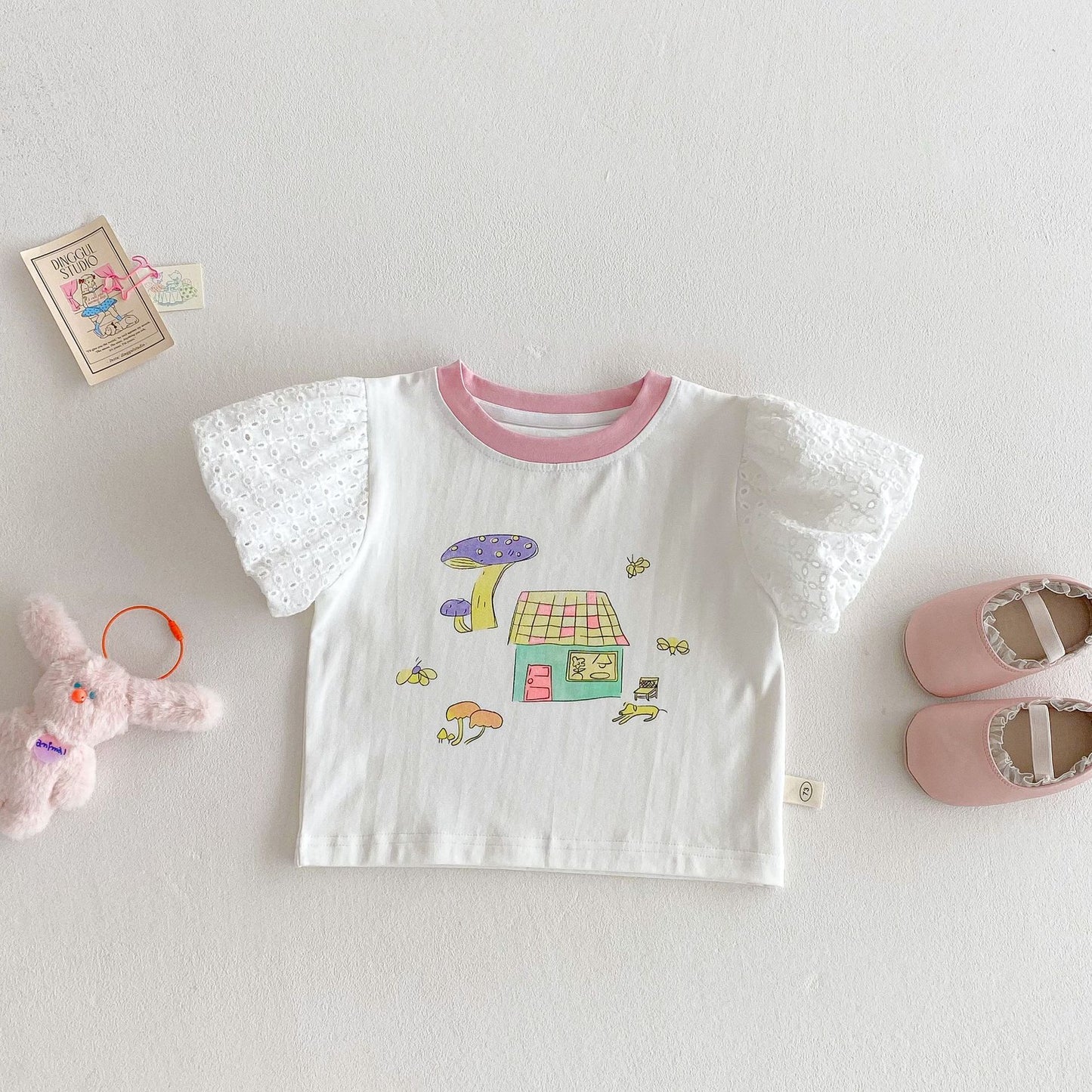 Girls' Bubble Sleeve T-shirt Cartoon Doll Shirt Embroidered Plaid Shorts