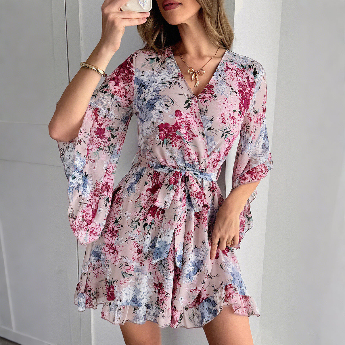 European And American Leisure Simple Style Floral Lace-up Skirt Dress