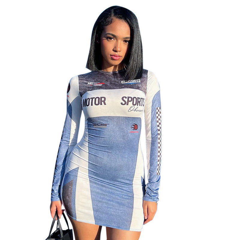 New Fashion Casual Sports Motorcycle Printed Long Sleeve Round Neck Short Dress
