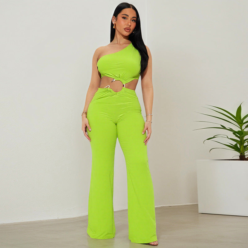 Hollow-out Diagonal Collar Lace-up Pleated Ring Stitching Straight Long Conjoined Trousers