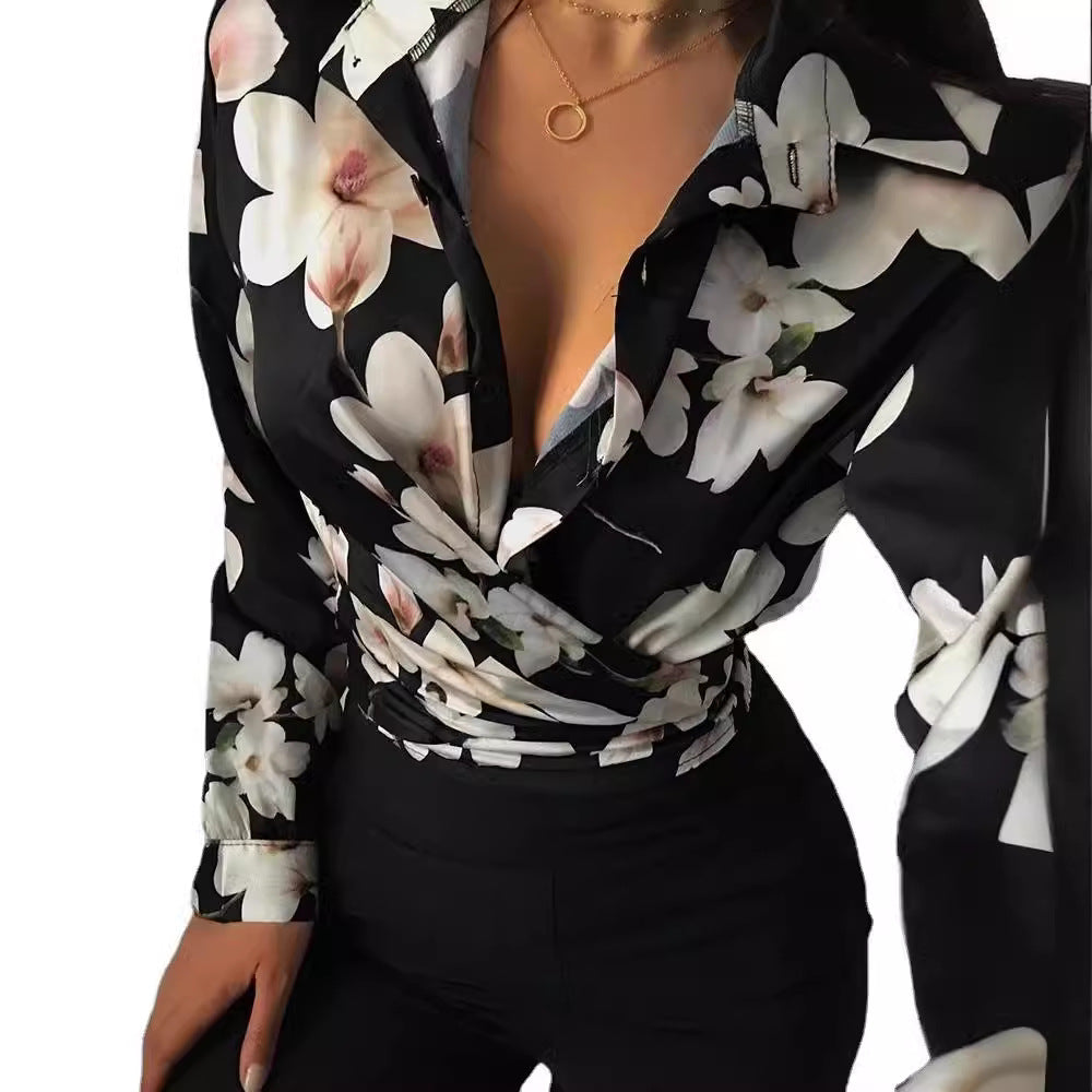 Women's Loose Long-sleeved V-neck Printed Shirt
