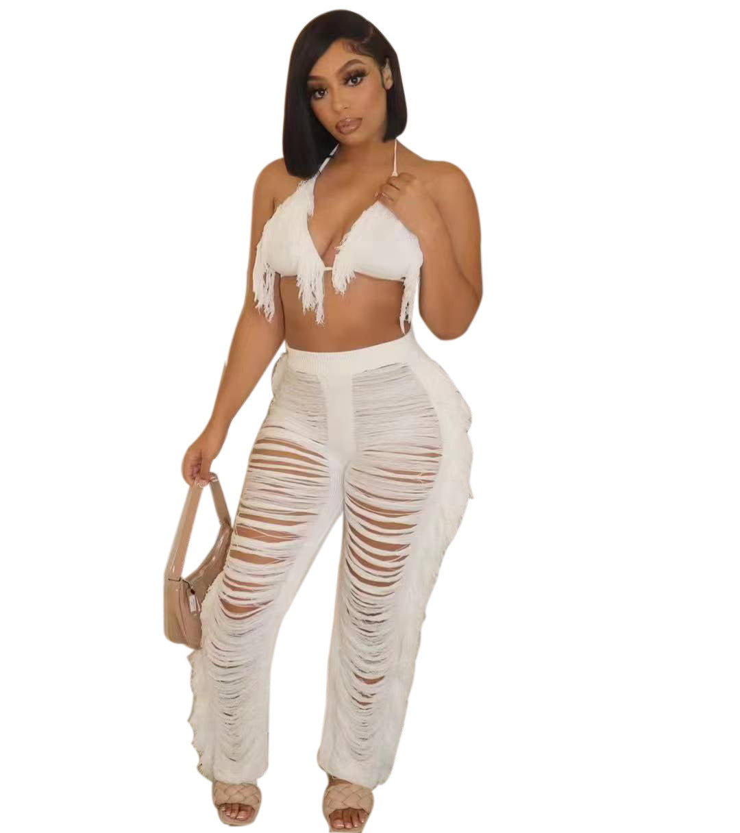 Pure Color Bikini Tassel Knitted Beach Pants Suit