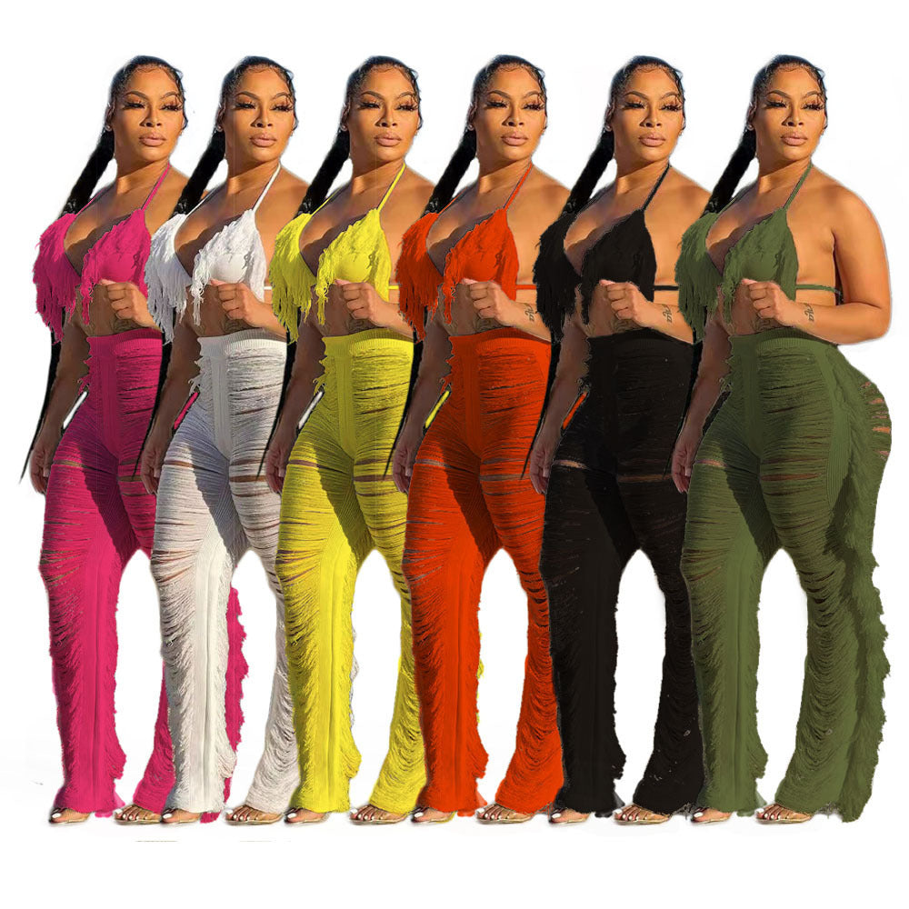 Pure Color Bikini Tassel Knitted Beach Pants Suit