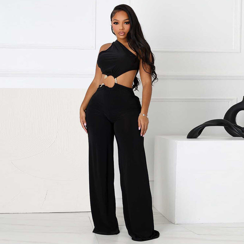 Hollow-out Diagonal Collar Lace-up Pleated Ring Stitching Straight Long Conjoined Trousers