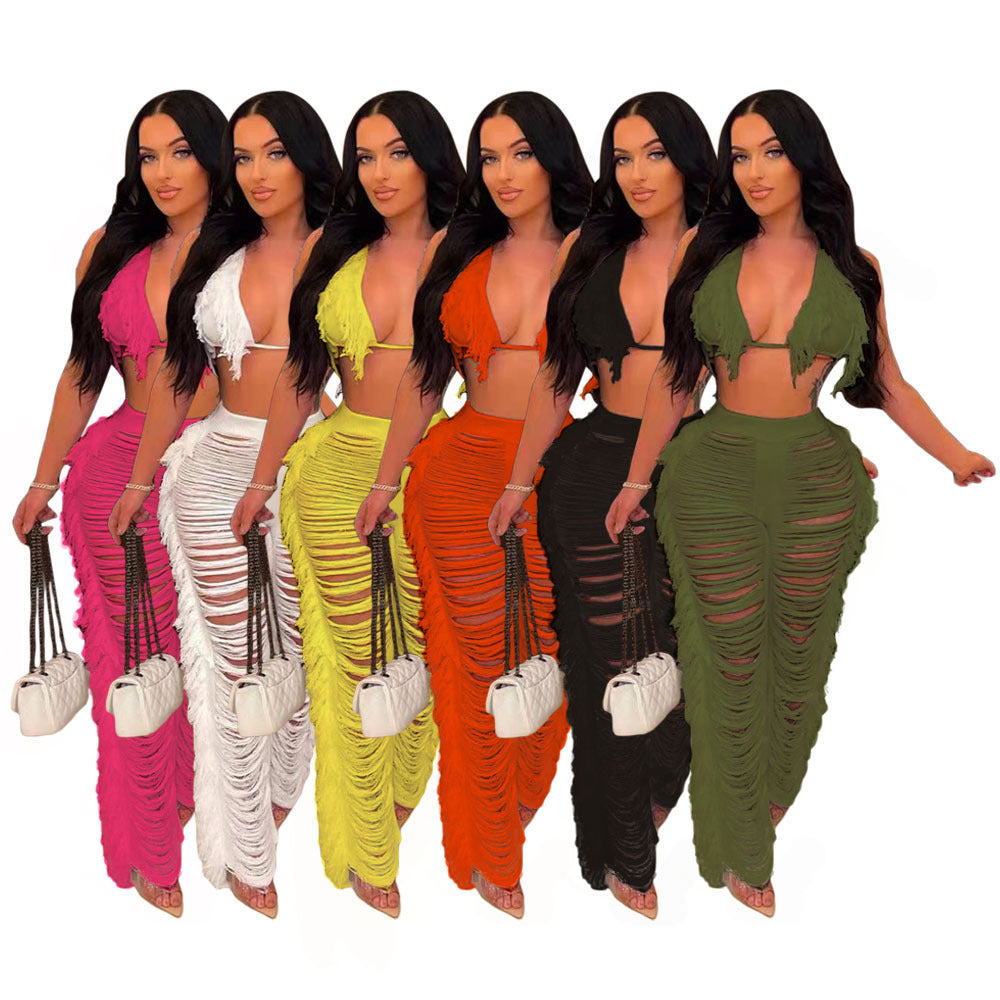 Pure Color Bikini Tassel Knitted Beach Pants Suit