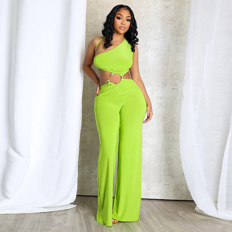 Hollow-out Diagonal Collar Lace-up Pleated Ring Stitching Straight Long Conjoined Trousers