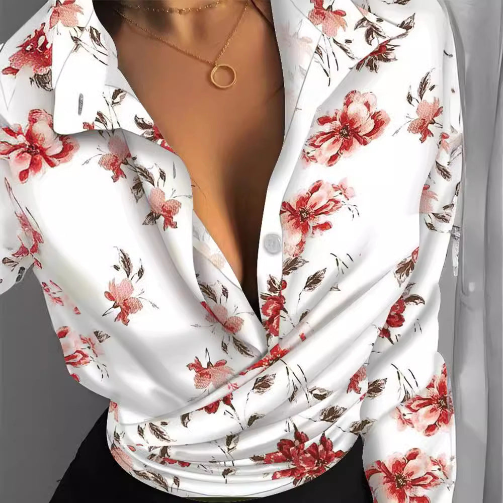 Women's Loose Long-sleeved V-neck Printed Shirt