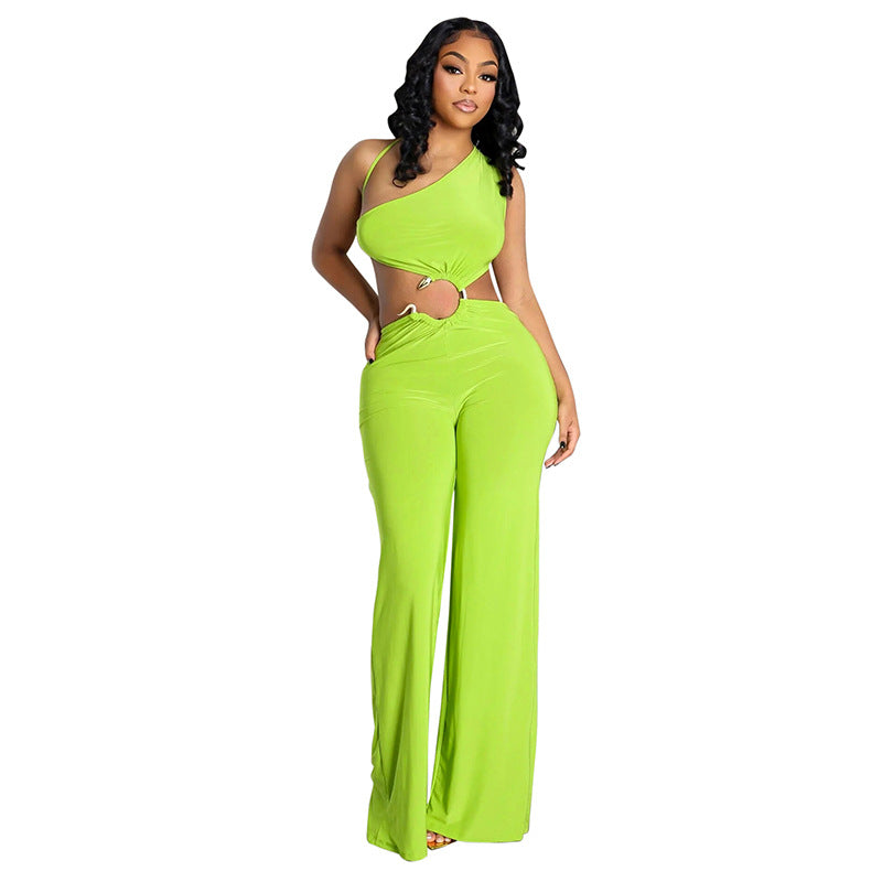 Hollow-out Diagonal Collar Lace-up Pleated Ring Stitching Straight Long Conjoined Trousers