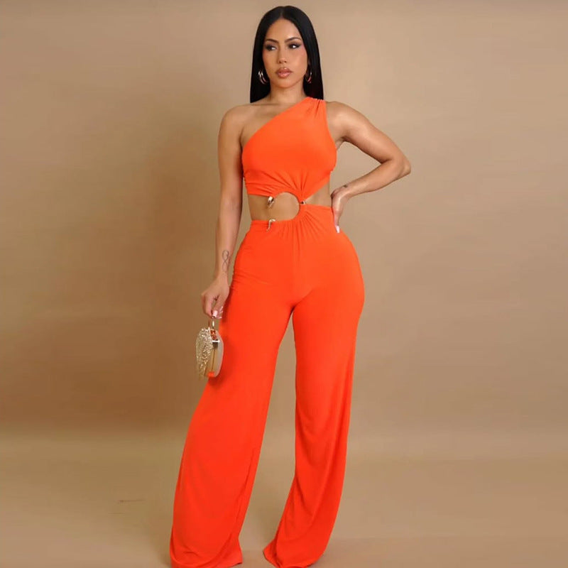 Hollow-out Diagonal Collar Lace-up Pleated Ring Stitching Straight Long Conjoined Trousers