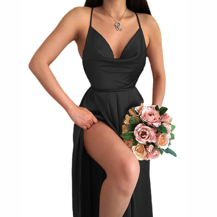 Solid Color Backless Pockets Collar A Swing Sling Dress Women