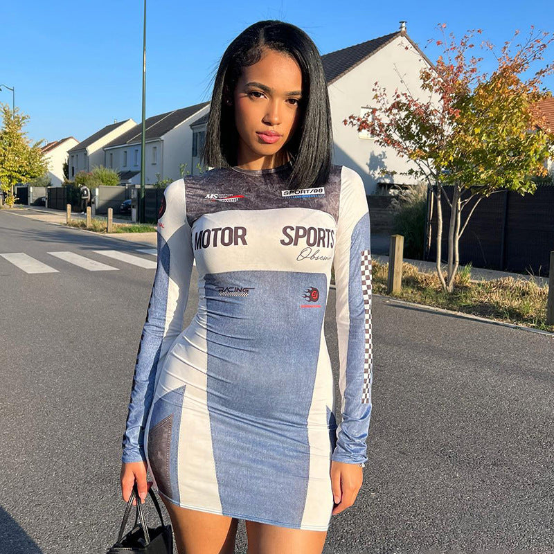 New Fashion Casual Sports Motorcycle Printed Long Sleeve Round Neck Short Dress