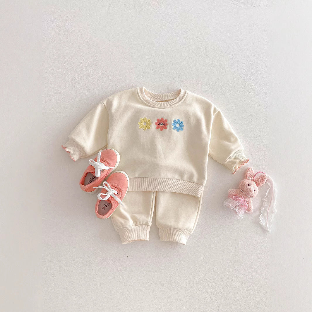 Girls' Spring Cute Fashionable Small Flower Sweatshirt And Sweatpants Two-piece Set