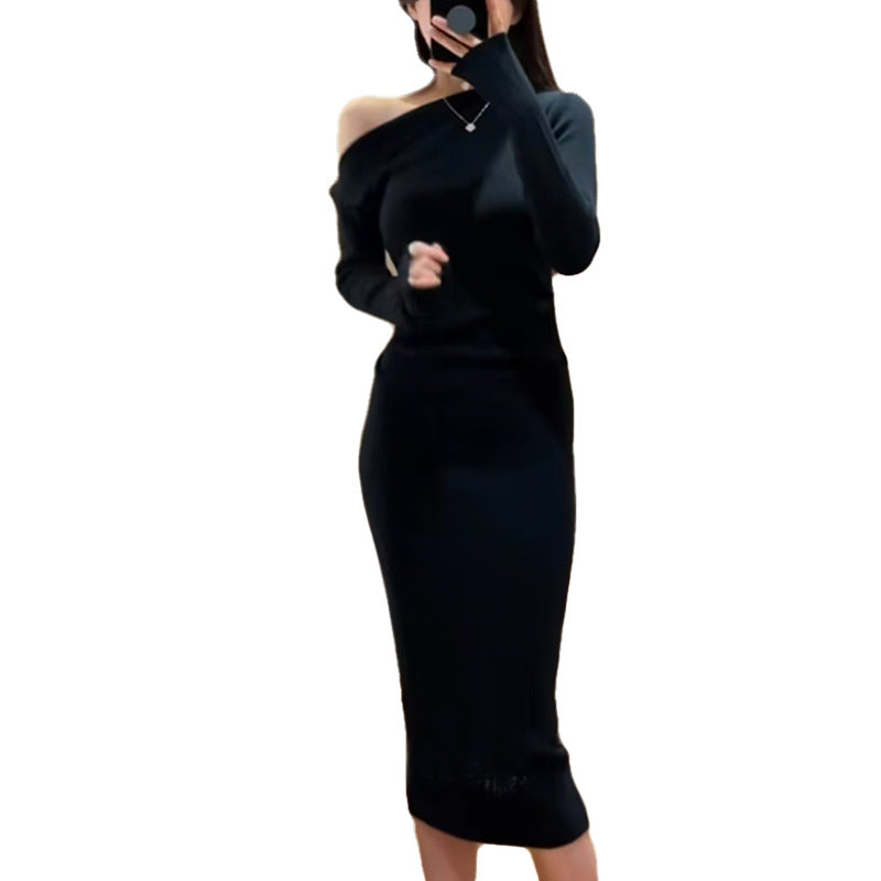 Off-the-shoulder Irregular Solid Color Bottoming Skirt Autumn And Winter