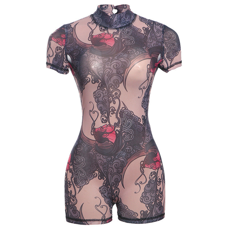 Print See-through Slim-fit Sexy Backless Jumpsuit