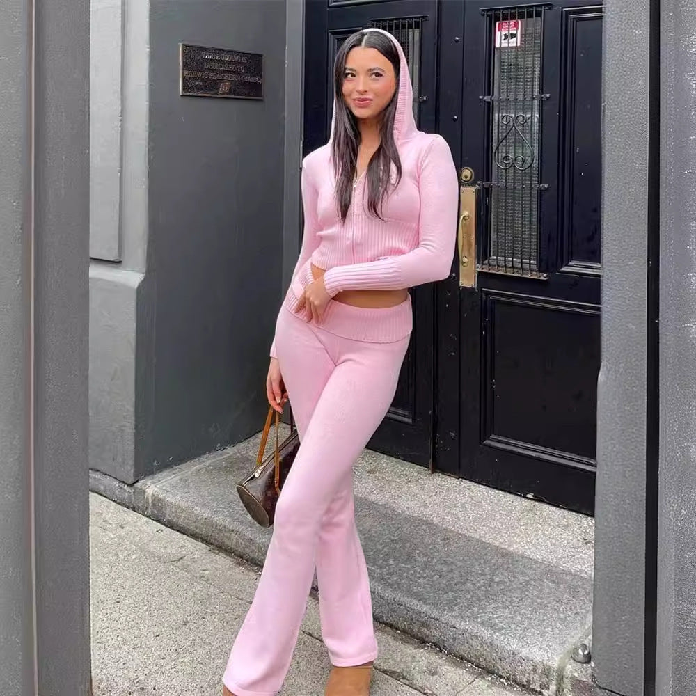 Knitted Hooded Suits High Waist Long Sleeves Trousers Two-piece Set