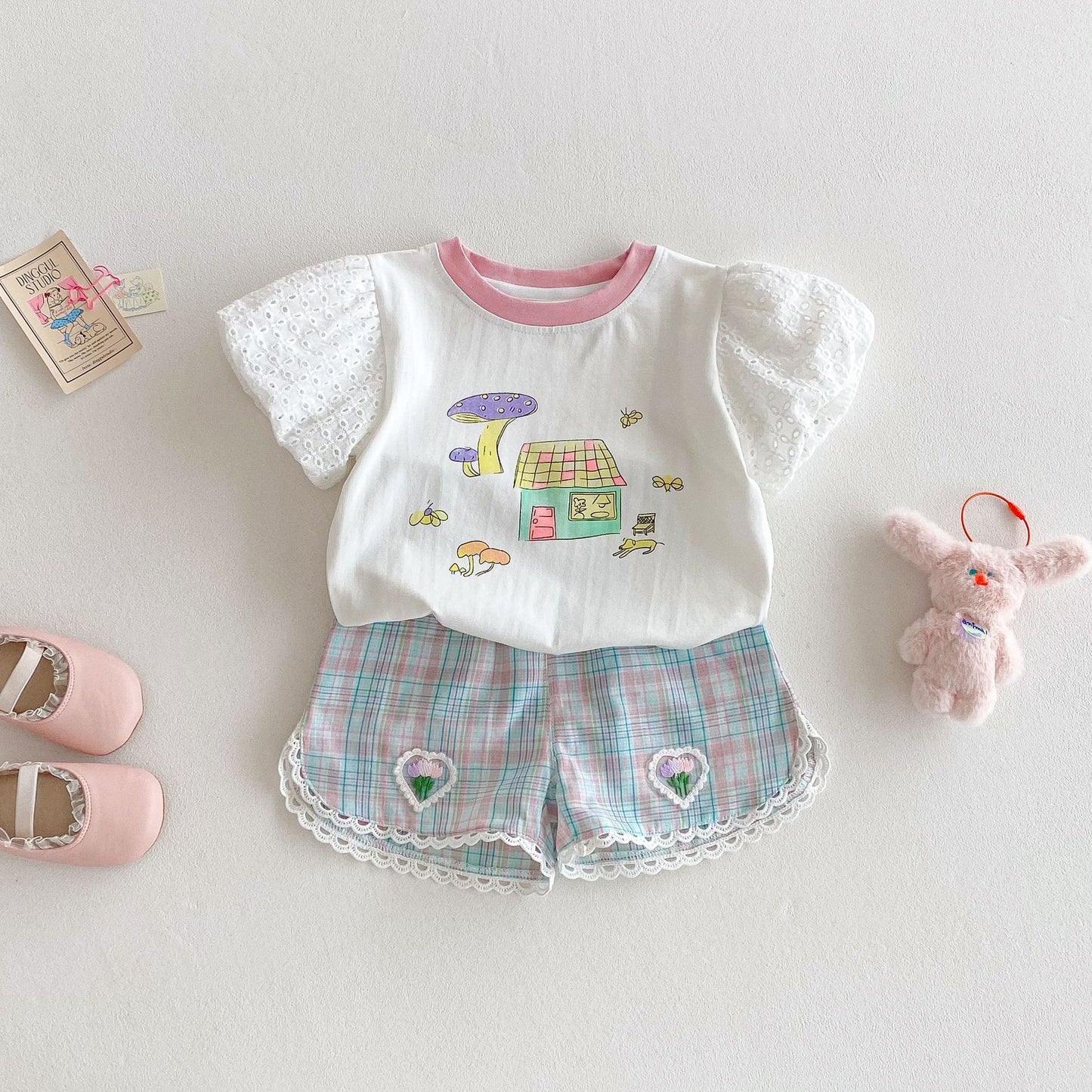 Girls' Bubble Sleeve T-shirt Cartoon Doll Shirt Embroidered Plaid Shorts