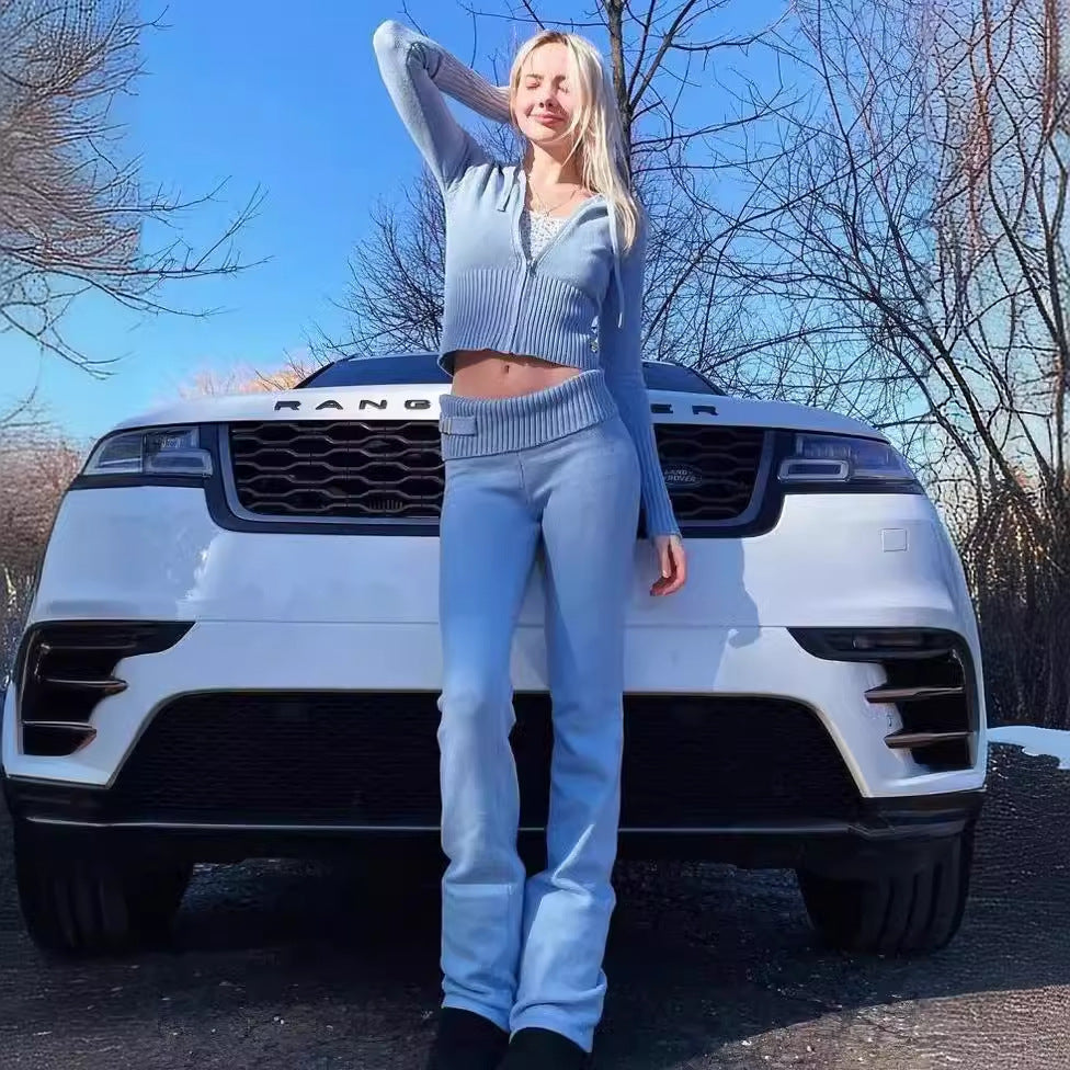 Knitted Hooded Suits High Waist Long Sleeves Trousers Two-piece Set