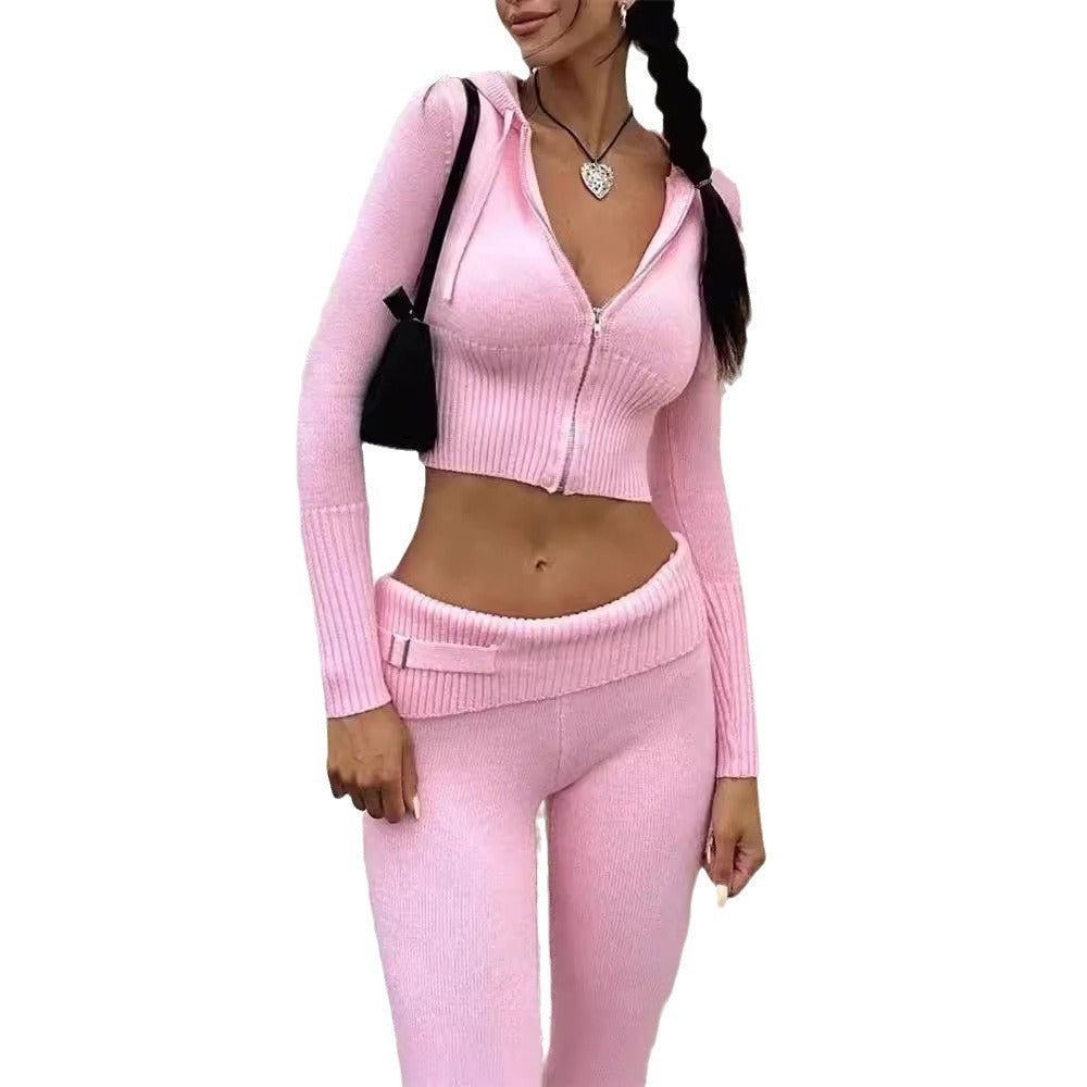 Knitted Hooded Suits High Waist Long Sleeves Trousers Two-piece Set