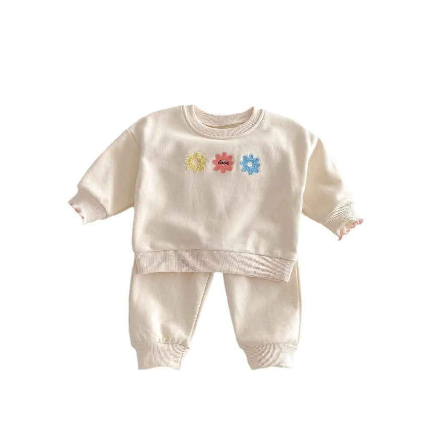 Girls' Spring Cute Fashionable Small Flower Sweatshirt And Sweatpants Two-piece Set