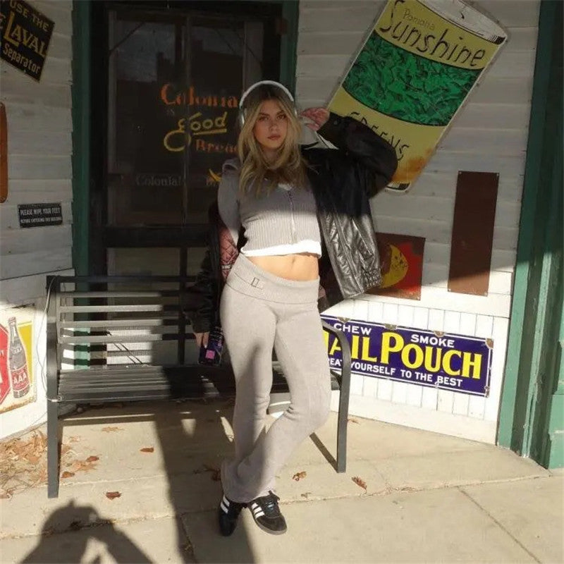 Knitted Hooded Suits High Waist Long Sleeves Trousers Two-piece Set