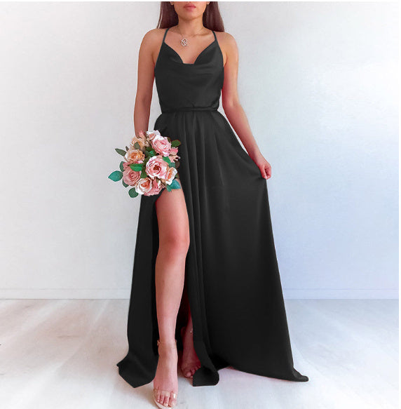 Solid Color Backless Pockets Collar A Swing Sling Dress Women