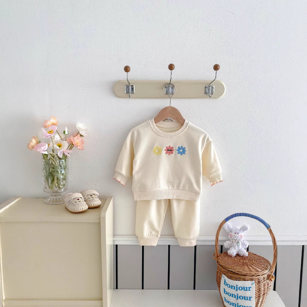 Girls' Spring Cute Fashionable Small Flower Sweatshirt And Sweatpants Two-piece Set