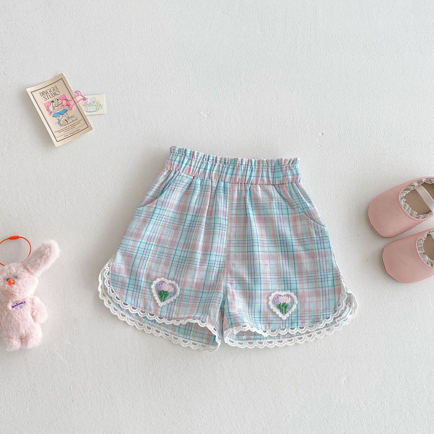 Girls' Bubble Sleeve T-shirt Cartoon Doll Shirt Embroidered Plaid Shorts