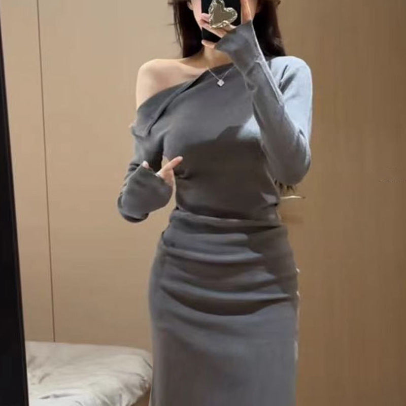 Off-the-shoulder Irregular Solid Color Bottoming Skirt Autumn And Winter