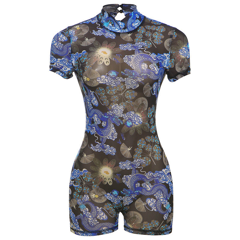 Print See-through Slim-fit Sexy Backless Jumpsuit