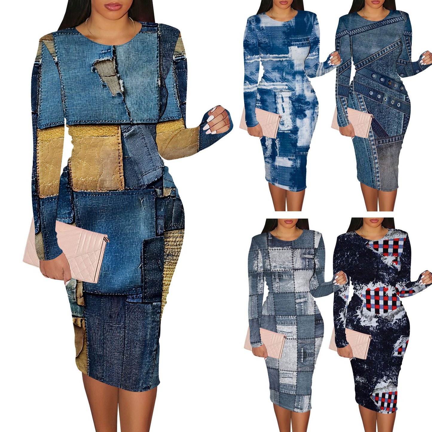 Women's Casual Printed Long-sleeve Round-collar Dress
