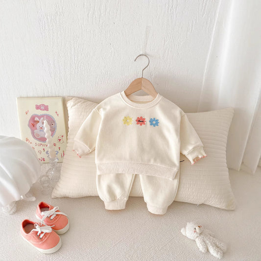 Girls' Spring Cute Fashionable Small Flower Sweatshirt And Sweatpants Two-piece Set