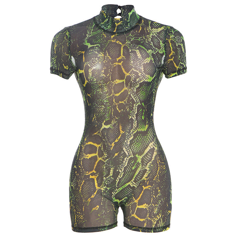 Print See-through Slim-fit Sexy Backless Jumpsuit