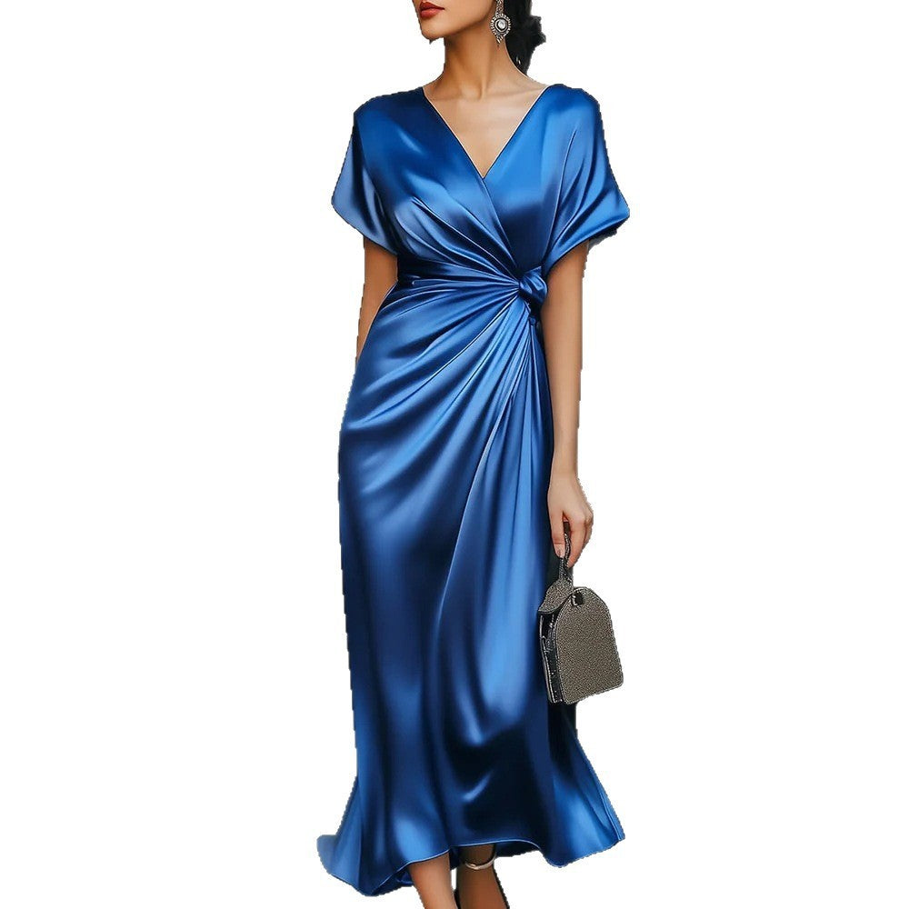 V-neck Short Sleeve Solid Color Satin Acetate Dress