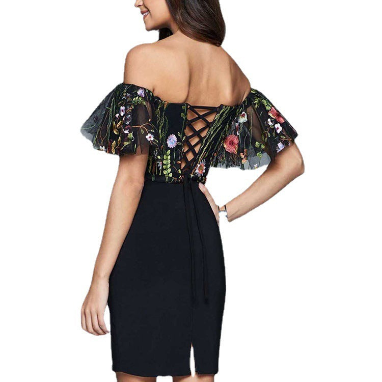 European And American Mesh Embroidery Sexy Lace-up Dress