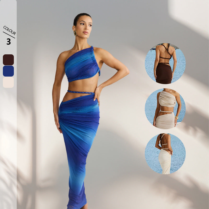 Diagonal Collar Sling Women's Sleeveless Sheath Midriff Outfit Backless Dress