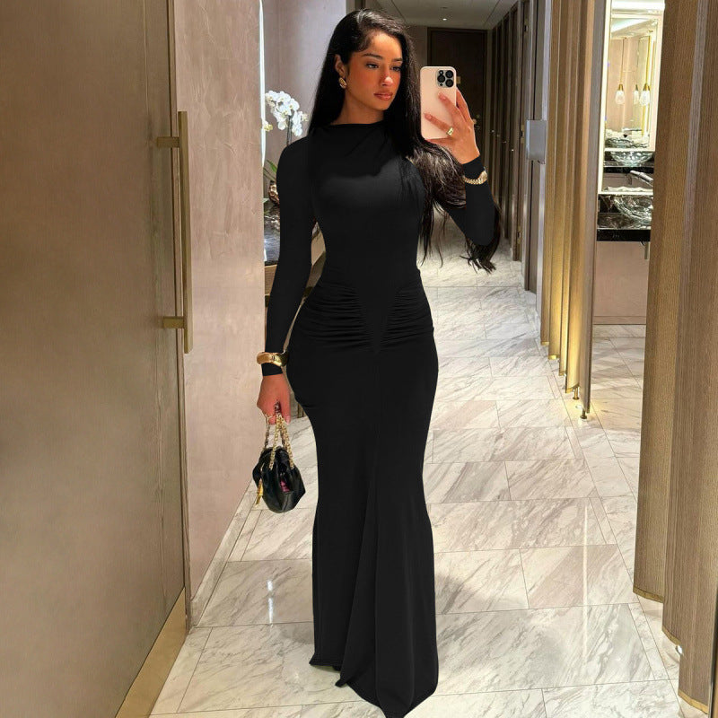 Fashionable Elegant Slim-fit Pleated Round-neck Long-sleeved Dress