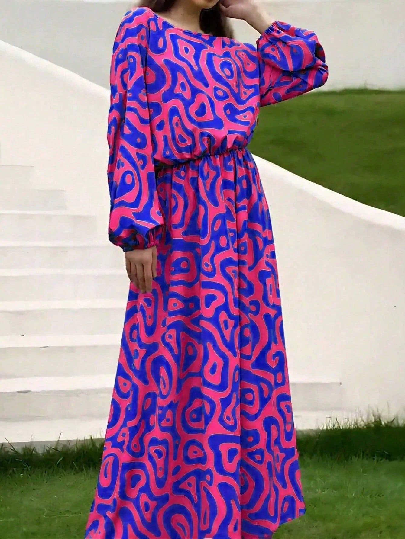 2pcs Women's Dress Suits Fashion Loose Printed Long Sleeve Top And High Waist Long Skirt