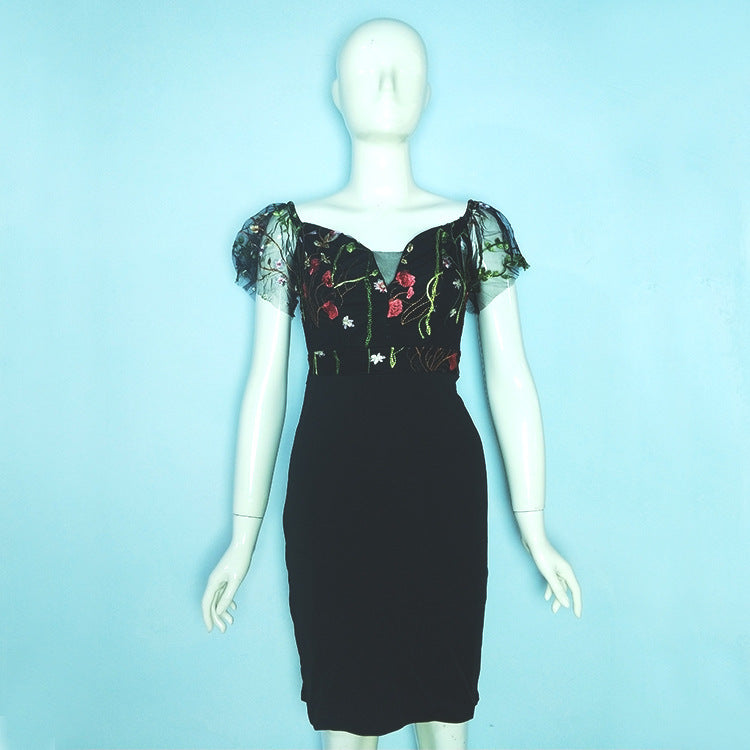 European And American Mesh Embroidery Sexy Lace-up Dress