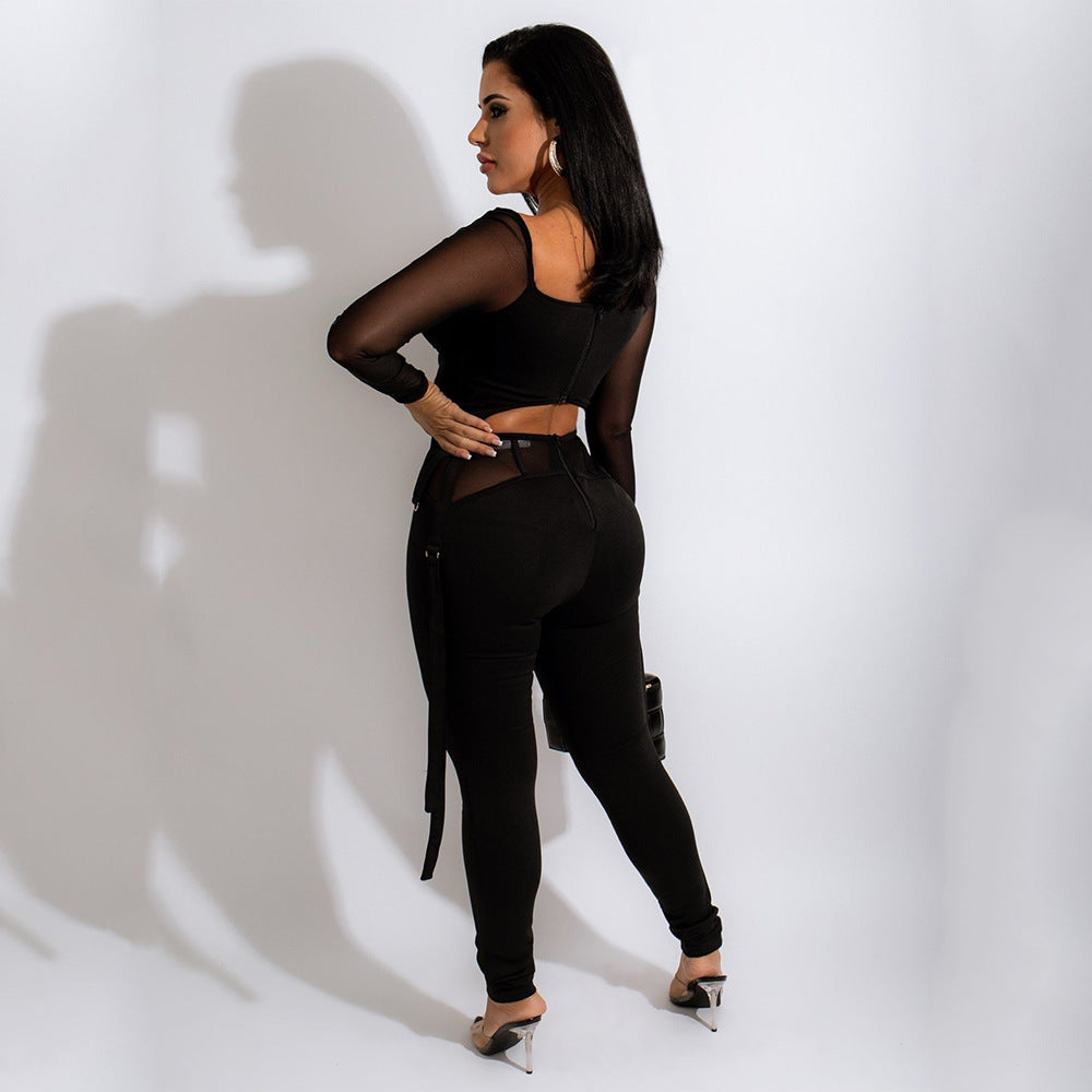 Sexy Mesh See-Through Long-Sleeved Two-Piece Trouser Suit
