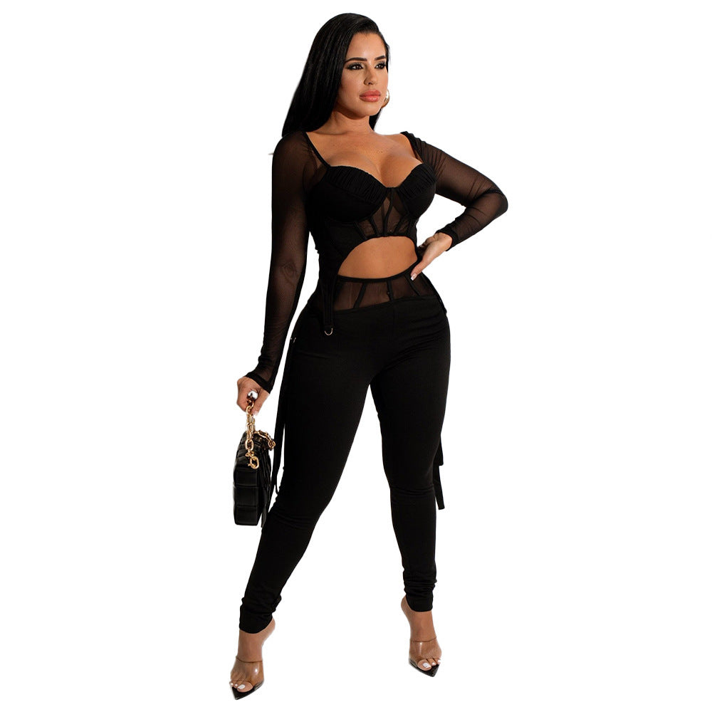 Sexy Mesh See-Through Long-Sleeved Two-Piece Trouser Suit